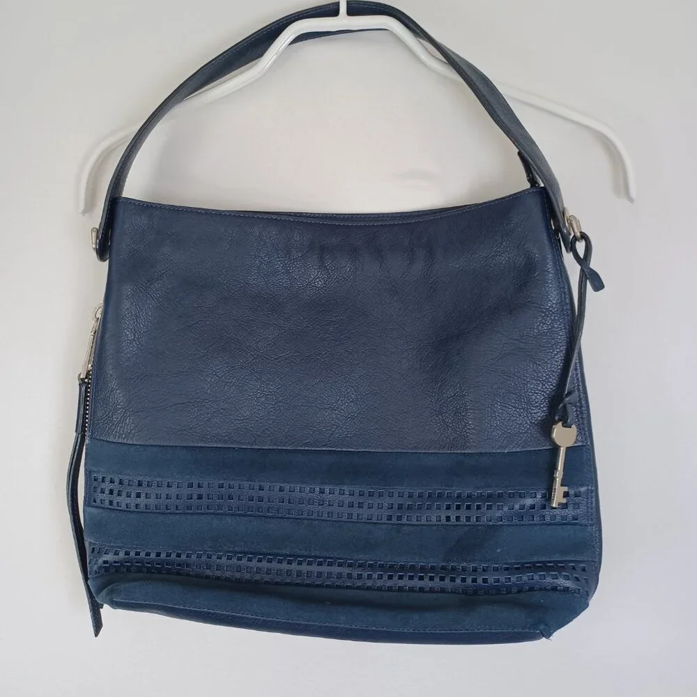 Fossil Bag Navy Blue Leather and Suede Zip Top‎ Hobo Shoulder Bucket Bag